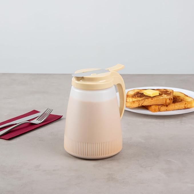 Restaurantware-Chef 101 48 Ounce All Purpose Syrup Dispensers, 10 Honey Dispensers - Beige Top, Stainless Steel Slide Cover, Plastic Pancake Syrup Bottle, Perfect For Diners, Restaurants, Home