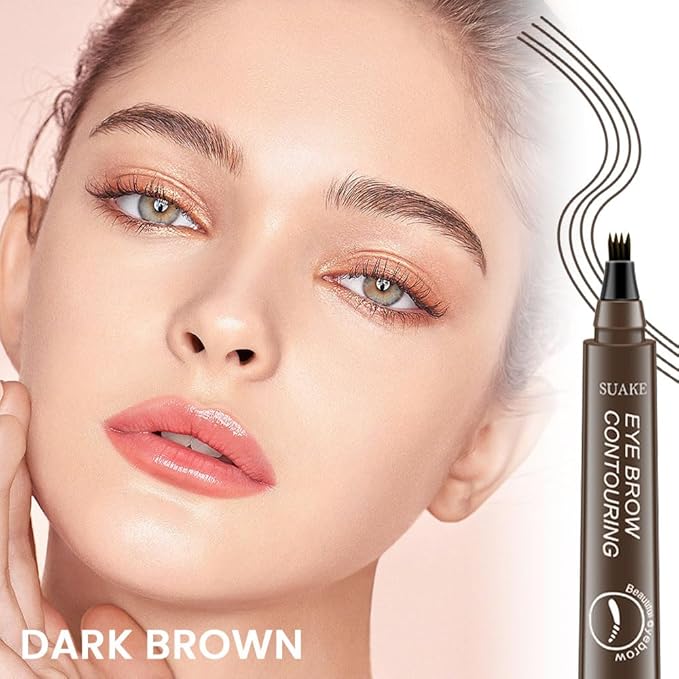evpct 2Pcs Dark Brown Magic Microblading Eyebrow Contouring Pen Pencil, 4 Tipped Precise Brow Pen with Sponge Micro-Fork Tips Applicator, Create Natural Looking Brows Eyebrow Makeup Long Lasting