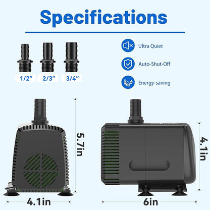 Knifel Submersible Pump 880GPH with AUTO-Shut-Off 10ft High Lift for Fountains, Hydroponics, Ponds, Aquariums & More