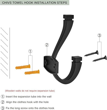 SAILING Coat Hooks - 3 Pack Matte Black Towel Hooks Robe Hooks Decorative Wall Hooks for Bathroom Bedroom Kitchen Towel Robe Clothes Cabinet Closet Bathroom Hardware