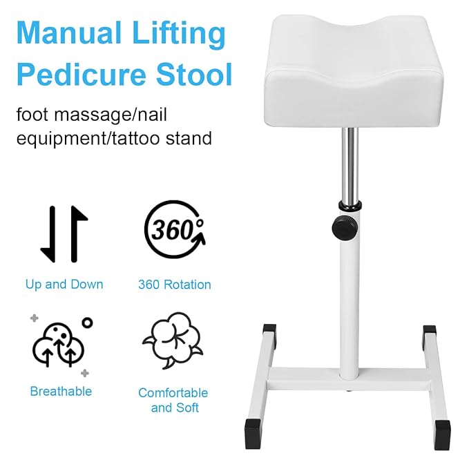 Adjustable Height Pedicure Stool with Soft Cushion, Non-Slip Footrest for Salon Spa Beauty, White