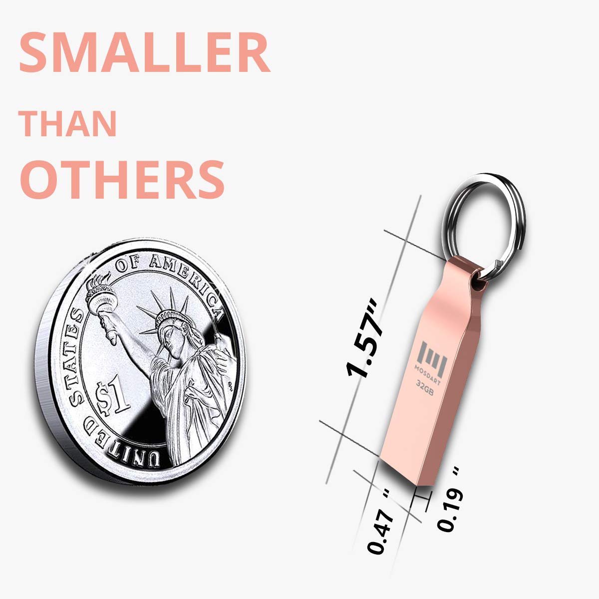 Mosdart Waterproof 32Gb Usb2.0 Flash Drive, Fat32 Metal Memory Stick With Keychain, For System Back, Data Storage, Rose Gold(Pac