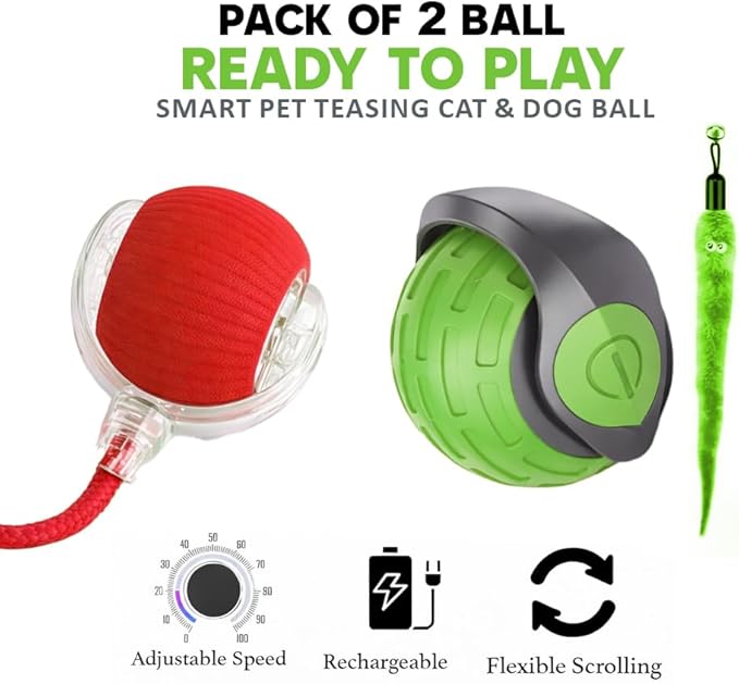 Interactive Cat Ball Toy – Smart Rolling Pet Ball with Obstacle Avoidance, USB Rechargeable, Cord Tail Design – Fun Enrichment Toy for Indoor Cats & Small Dogs (Green + Red)