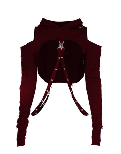 AULKEEP Gothic Punk Long Sleeve Cold Shoulder Hooded Crop Tops Buckle Strap Hoodie Sweatshirt