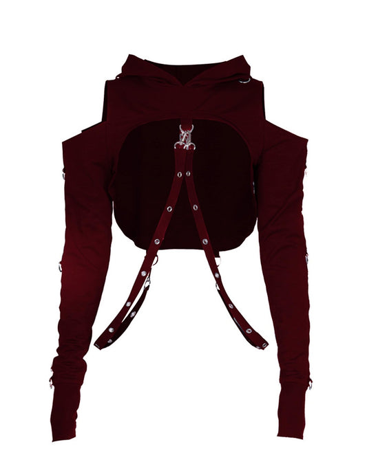AULKEEP Gothic Punk Long Sleeve Cold Shoulder Hooded Crop Tops Buckle Strap Hoodie Sweatshirt