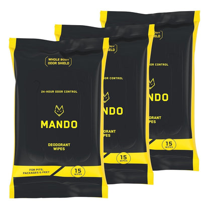 Mando Deodorant Wipes - 24 Hour Odor Control - Aluminum Free, Baking Soda Free, Skin Safe (15 Count (Pack of 3)
