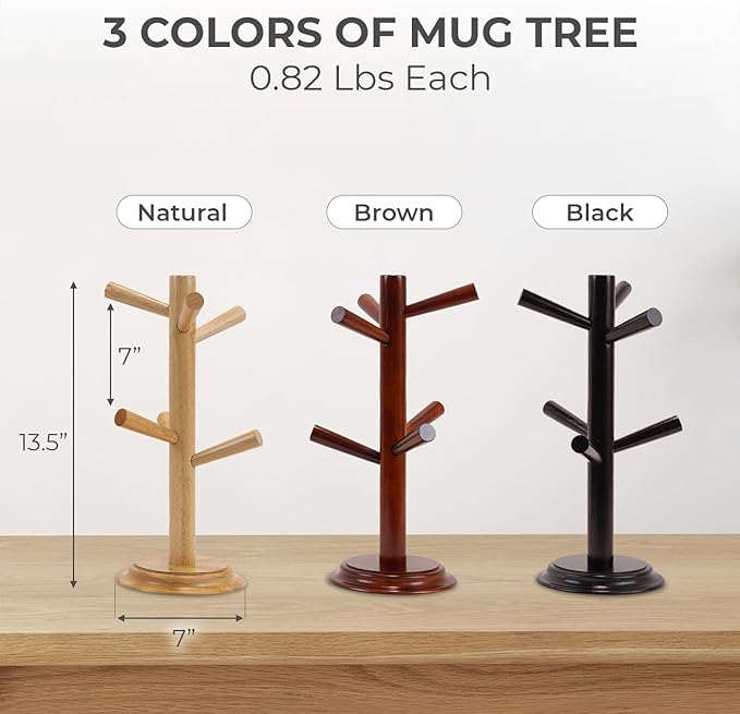 Mug Tree Set of 2 | 13.5"x7"x7", 6 Hooks Cup Holder with Thick Rubberwood Base, Wooden Coffee Mug Holder Stand for Countertop, Kitchen Table, Cup Organizer Rack for Mugs or Utensils (Brown)