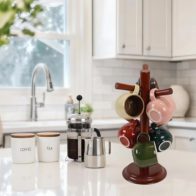 Mug Tree Set of 2 | 13.5"x7"x7", 6 Hooks Cup Holder with Thick Rubberwood Base, Wooden Coffee Mug Holder Stand for Countertop, Kitchen Table, Cup Organizer Rack for Mugs or Utensils (Brown)