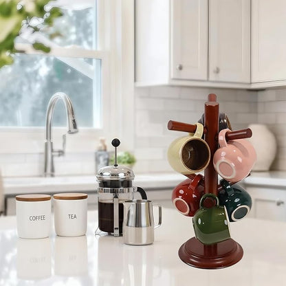 Mug Tree Set of 2 | 13.5"x7"x7", 6 Hooks Cup Holder with Thick Rubberwood Base, Wooden Coffee Mug Holder Stand for Countertop, Kitchen Table, Cup Organizer Rack for Mugs or Utensils (Brown)