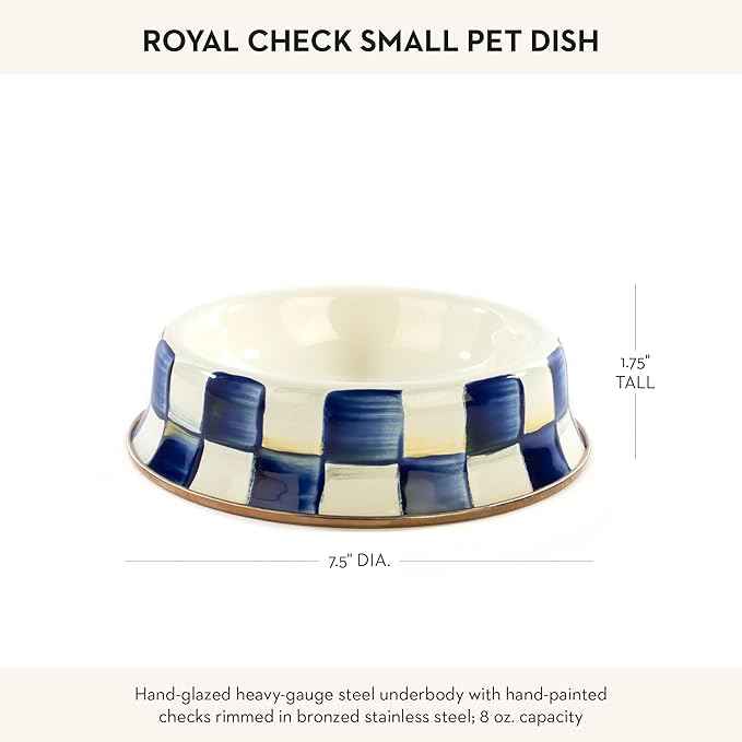 MACKENZIE-CHILDS Pet Bowl, Cute Cat and Dog Bowl for Food and Water, Blue-and-White Royal Check, Small