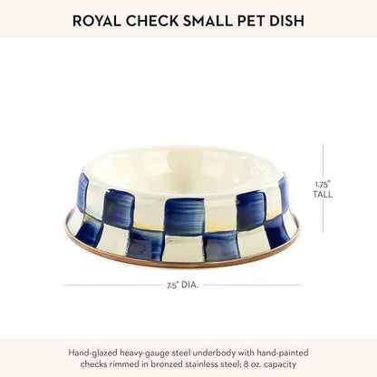 MACKENZIE-CHILDS Pet Bowl, Cute Cat and Dog Bowl for Food and Water, Blue-and-White Royal Check, Small