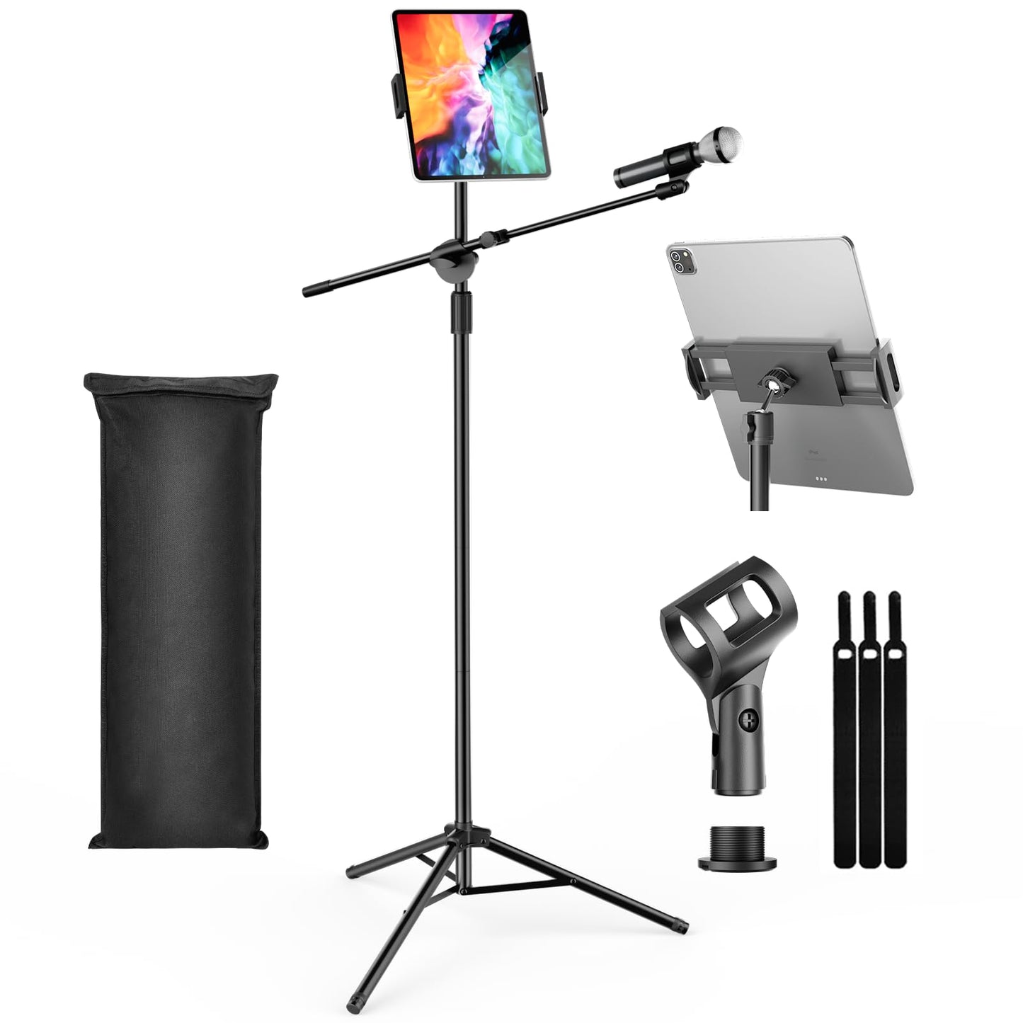 Oukmic Boom Mic Stand, Microphone Holder Floor With Tablet Phone Support, Heavy Duty Tripod Adjustable Height And Angle 35-65 In