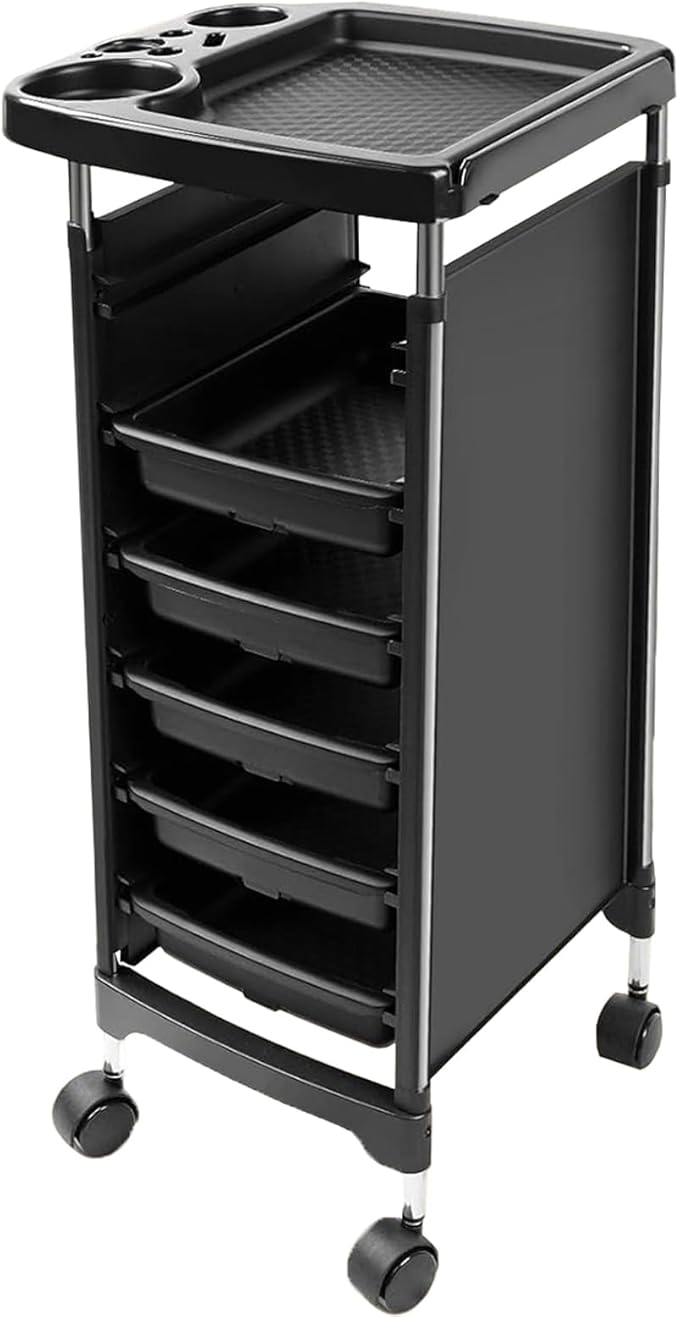 Salon Trolley Cart with Wheels & 5 Drawers, Salon Rolling Stations for Hair Stylist,Hairstylist for Beauty Tattoo Hairdressing Beauty Equipment, Black (T28-5DRAWER)