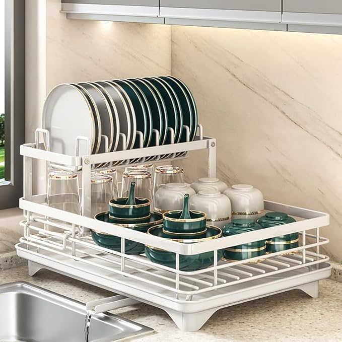 Large Dish Drying Rack for Kitchen Counter, 2-Tier Expandable Dish Drainer with Drainboard, Anti-Rust Steel Drying Rack with Cutlery Holder, Cup Holder and Storage Areas for Plates Bowls Pots