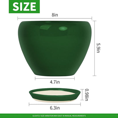 Deep Dream 8 Inch Plant Pots- Ceramic Pots for Plants with Drainage Hole and Saucer, Large Planter Pot for Indoor Plants Outdoor Decor, Green