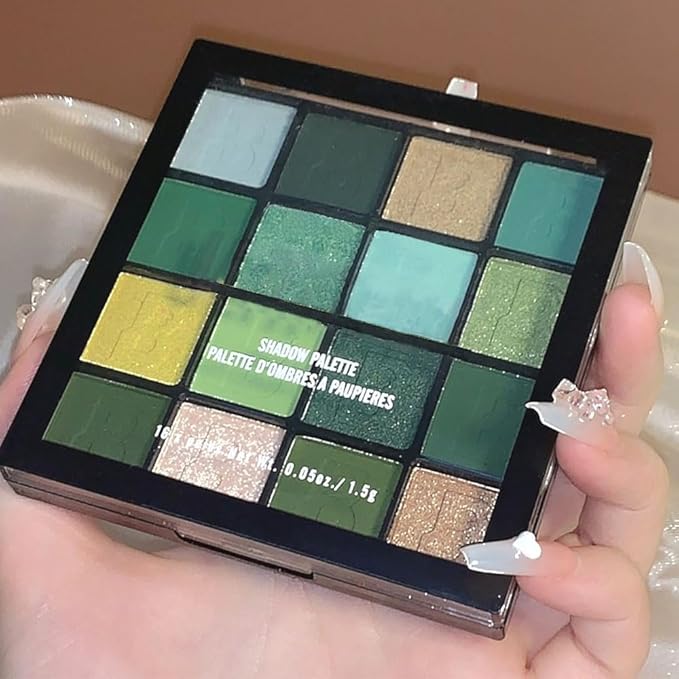 evpct 16 Colors Green Glitter Eye shadow Palette Makeup Waterproof Dark Light Green Yellow orange Brown Shimmer Highly Pigmented Pressed Sparkly Shiny Eyeshadow Palette paletas de sombras para de ojos