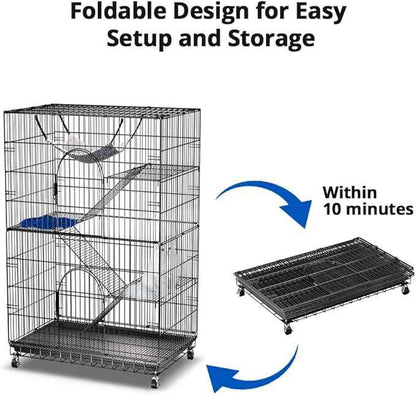 PawGiant 4-Tier Large Cat Cage Playpen, 51-inch Indoor/Outdoor Enclosure with 2 Doors, Hammock, Suitable for Cats, Kittens, and Small Animals