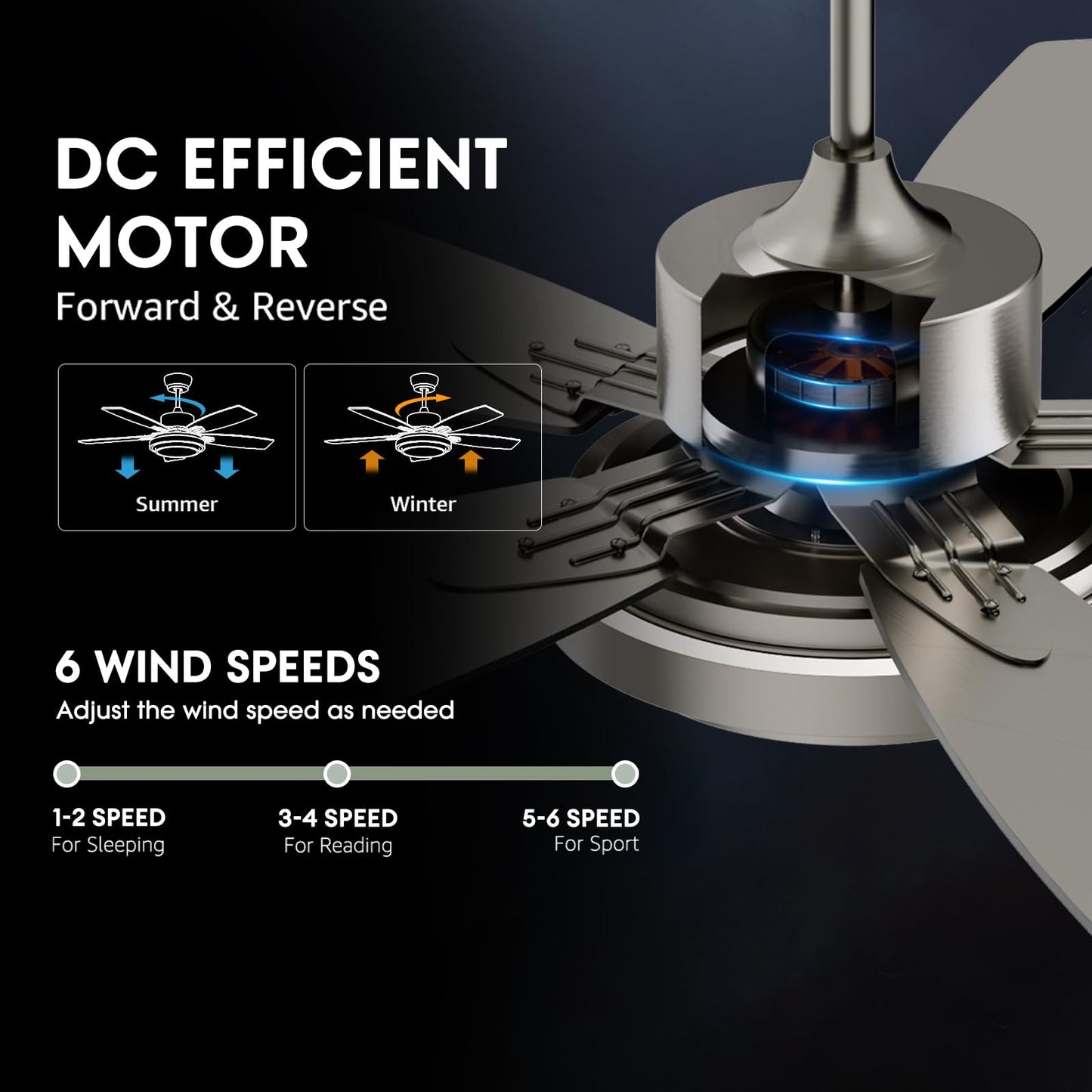 52 Inch Nickel Ceiling Fans With Lights And Remote Control For Bedroom, Modern Ceiling Fan With Quiet Reversible Dc Motor, 3Cct,
