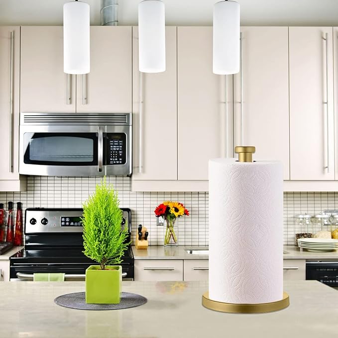 Stainless Steel Gold Paper Towel Holder Countertop for Kitchen Bathroom, Standing Paper Towel Holder with Weighted Base.