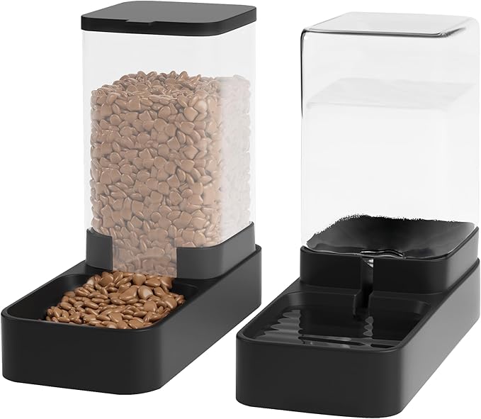 Automatic Cat Feeder and Water Dispenser in Set with Pet Food Bowl,Gravity Dog Waterer and Food Feeder for Small Medium Dog Cat Puppy Kitten Large Capacity(3.3L,Black)