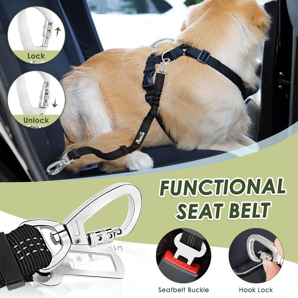 Lukovee Dog Seat Belt for Car, Adjustable Dog Car Harness for Large Medium Small Dogs, Soft Padded & Breathable Mesh Dog Seatbelt with Car Strap and Carabiner(Lime Green Double Clip,Medium)