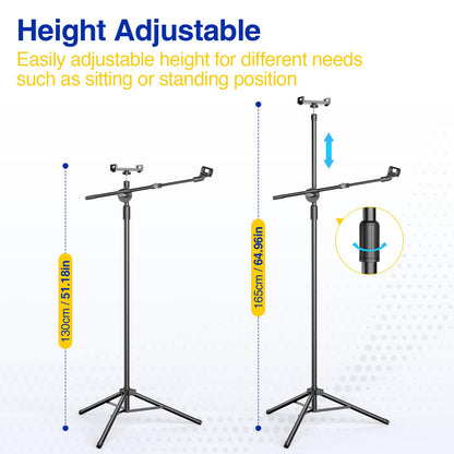 Oukmic Boom Mic Stand, Microphone Holder Floor With Tablet Phone Support, Heavy Duty Tripod Adjustable Height And Angle 35-65 In