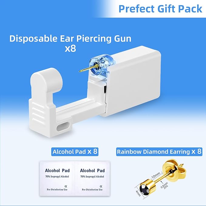 Get the Perfect Ear Piercing with 24 Pcs Premium Ear Piercing Kit - Includes 8 Black CZ Stones Earrings and 8 Easy-to-Use Self Ear Piercing Gun - Safe and Painless