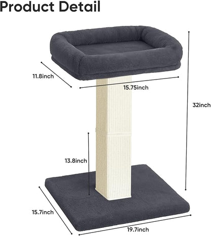 AGYM Cat Scratching Post, 32”Cat Scratcher with Large Plush Perch, Sisal & Carpet Scratching Post, Vertical Posts with Elevated Bed for Indoor Cats, Removable& Washable Cover, Darkgrey