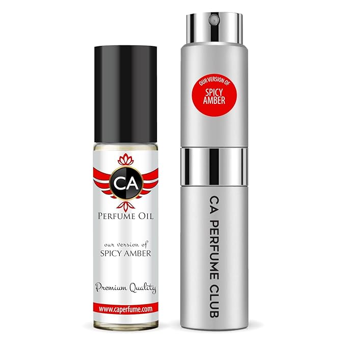 CA Perfume Duo Impression of Spicy Amber For Women And Men Perfume Layering Set Long Lasting Travel Size EDP + Body Oil Roll-On Bottle 0.27 Fl Oz+0.33 Fl Oz