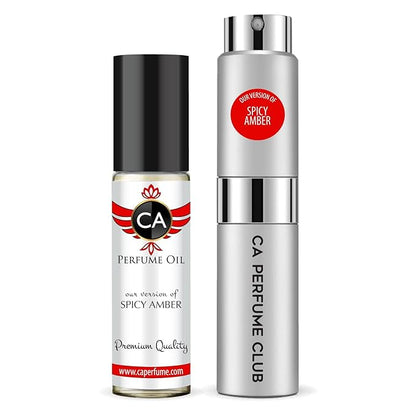 CA Perfume Duo Impression of Spicy Amber For Women And Men Perfume Layering Set Long Lasting Travel Size EDP + Body Oil Roll-On Bottle 0.27 Fl Oz+0.33 Fl Oz