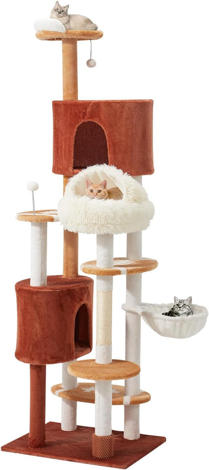 Erinnyees Cat Tree with Football Design, 74 Inches Cat Tower, Cozy Cat Cave Bed for Indoor Cats, 2 Cat Spacious Condos with Sisal Scratching Post, 5 Perches, Hammock and 2 Pompoms