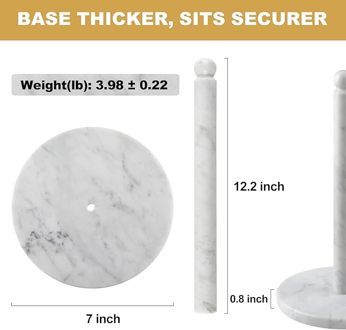 Koville Italian Marble Paper Towel Holder Countertop, Stone Rod Paper Towel Holder Stand for Kitchen Storage, for Standard or Jumbo-Sized Rolls(Bianco Carrara)