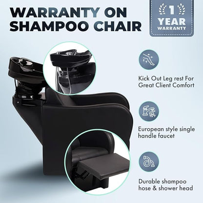 Buy-Rite Lexus Backwash Unit – Salon Shampoo Chair with Tilting Black Porcelain Bowl, Extra Wide Seat, Kick-Out Leg Rest, Neck Rest & Single Handle Faucet – Professional Backwash Station – TS-8018B