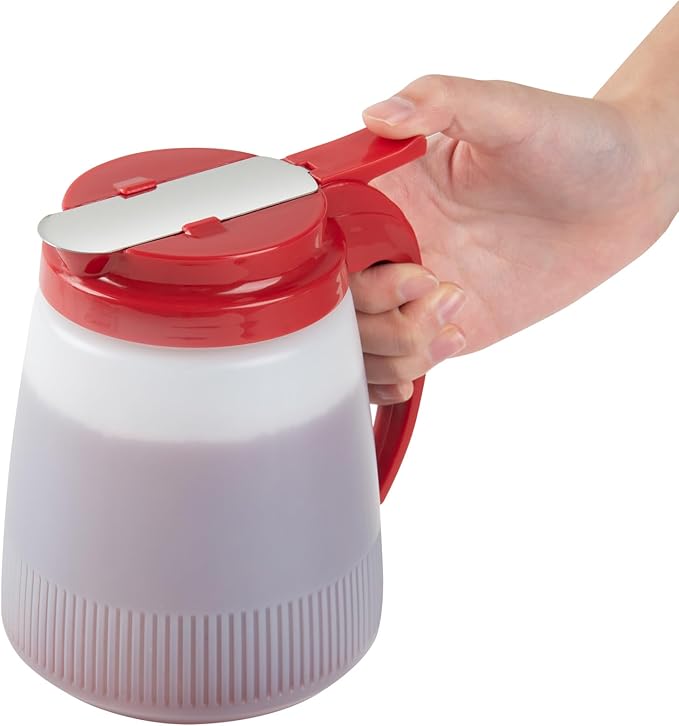 Restaurantware-Chef 101 32 Ounce All Purpose Syrup Dispensers, 10 Honey Dispensers - Red Top, Stainless Steel Slide Cover, Plastic Pancake Syrup Bottle, Perfect For Diners, Restaurants, Home