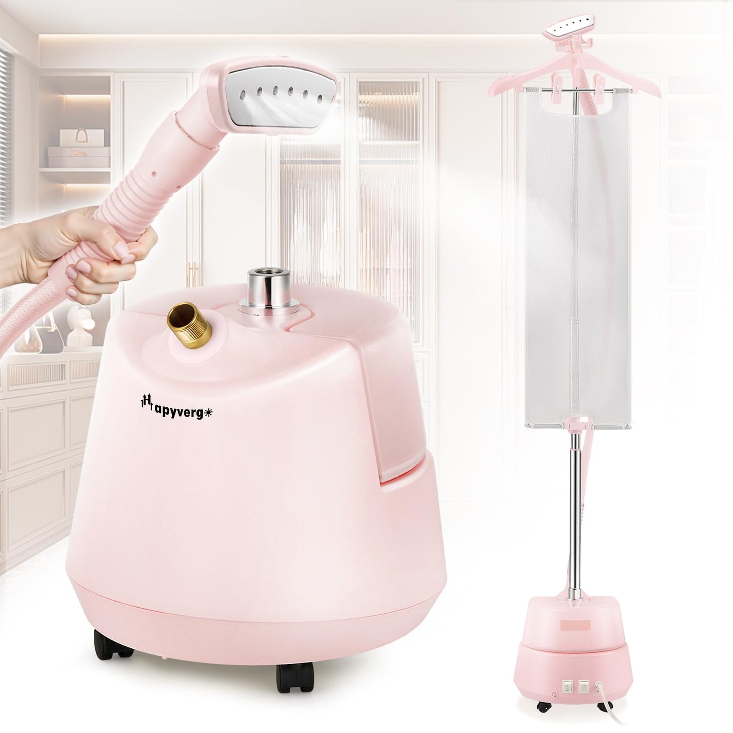 Hapyvergo Standing Garment Steamer with Ironing Pad, 2200W Steamer for Clothes, 3L Tank, 70-Min Continuous Steam, 40s Fast Heating, Adjustable Height, Drain Port Design, Universal Wheels, Pink
