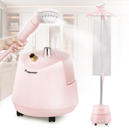 Hapyvergo Standing Garment Steamer with Ironing Pad, 2200W Steamer for Clothes, 3L Tank, 70-Min Continuous Steam, 40s Fast Heating, Adjustable Height, Drain Port Design, Universal Wheels, Pink
