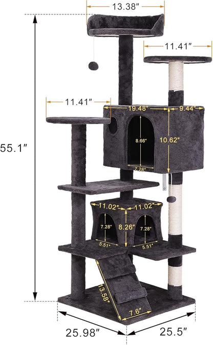 54-inch Cat Tree with Sisal-Covered Scratching Posts, Sturdy Standing Cat Tower for Indoor Kittens, Multi-Level Platforms, Perches, Condo and Hanging Ball for Cats to Play and Sleep