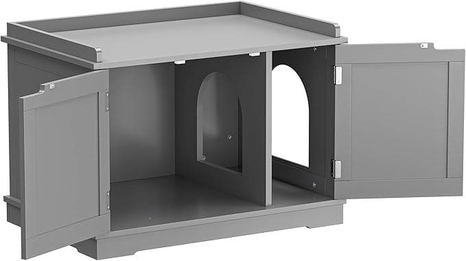 Zeny Cat Litter Box Enclosure Cabinet, Hidden Litter Box Furniture, Modern Wooden Washroom Storage Bench with Divider, Fits Most, Gray