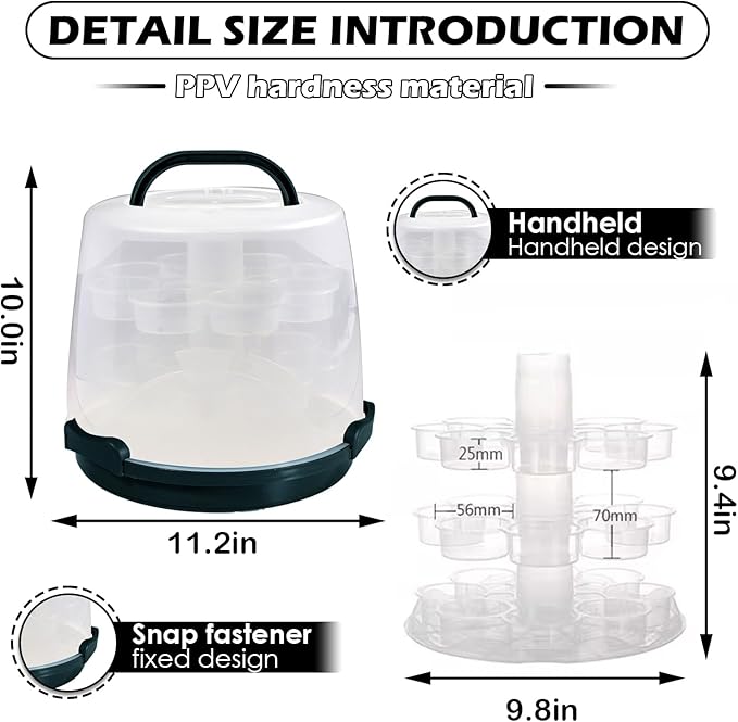 Cake Carrier Round Cake Stand Plus Height Cake Container with Cupcakes Pad, Handle, Lid Reusable Package Box for Transporting Desserts,Pie,Toast,Fruit (10" Black)