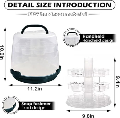 Cake Carrier Round Cake Stand Plus Height Cake Container with Cupcakes Pad, Handle, Lid Reusable Package Box for Transporting Desserts,Pie,Toast,Fruit (10" Black)