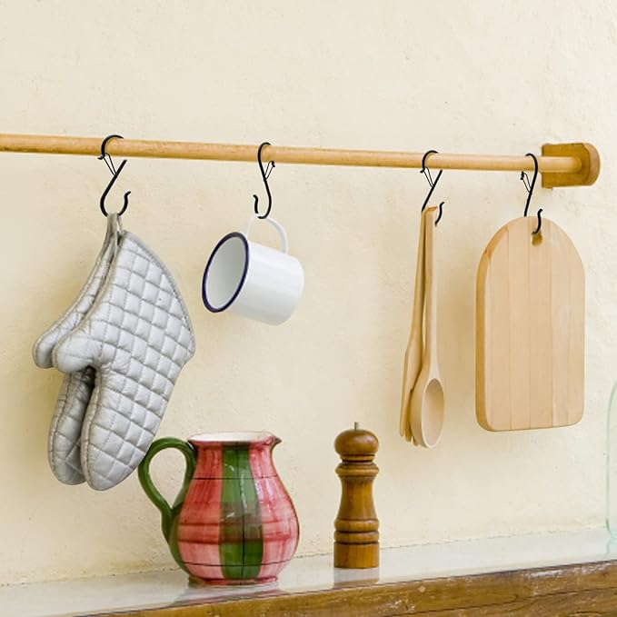 20 Pack S Hooks for Hanging, 3.5 Inch S Hooks Heavy Duty for Hanging Clothes Plants Black S Shaped Hooks with Safety Buckle Kitchen Pot Rack Closet Hooks for Kitchen Utensil, Pots, Pans
