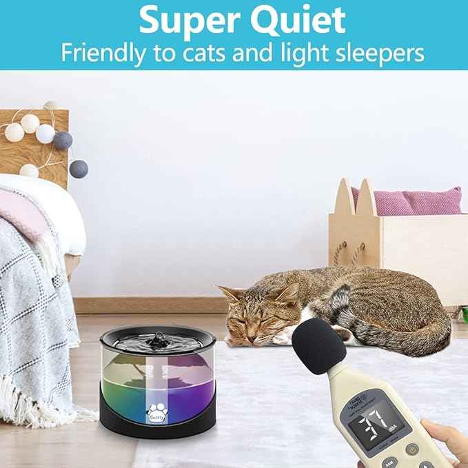 Kastty Cat Water Fountain, Pet Water Fountain for Cats Indoor, Cat Water Dispenser 2.2L/74oz, Super Quiet, Long Life Span Pump, Black+Colorful LED Light