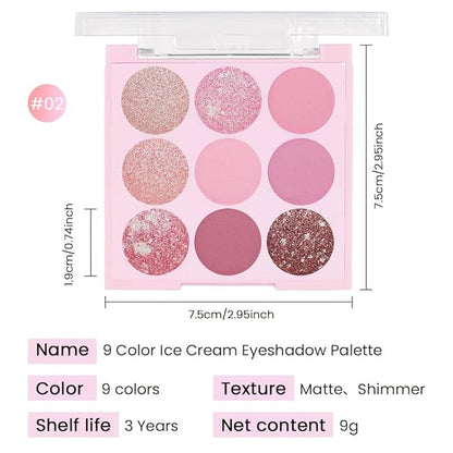 AMY'S DIARY Pink Shimmer Eye Shadow Makeup Palette 9 Colors, Highly Pigmented Matte Glitter Shimmer Pearl Waterproof Party Sparkling Eyeshadow Palette (02#)