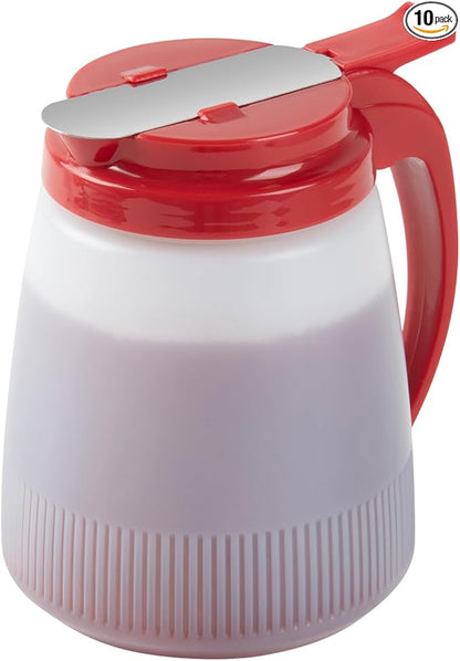 Restaurantware-Chef 101 32 Ounce All Purpose Syrup Dispensers, 10 Honey Dispensers - Red Top, Stainless Steel Slide Cover, Plastic Pancake Syrup Bottle, Perfect For Diners, Restaurants, Home