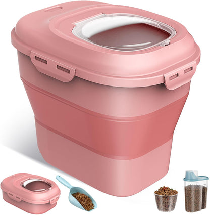 ANVS Dog Food Storage Container - Collapsible Dog Food Container with Airtight Lids, Scoop and 2.5L Small Pet Food Storage Container Dry Food For Dog, Cat and Other Pet Food (Pink, 30 lbs)