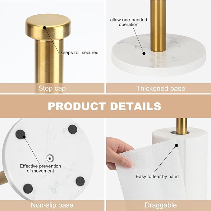Standing Paper Towel Holder, Kitchen Paper Towel Roll Holder- for Bathroom Kitchen Countertop with Weighted Marble Base for One-Handed Operation (Gold), Marble Paper Towel Holder.…