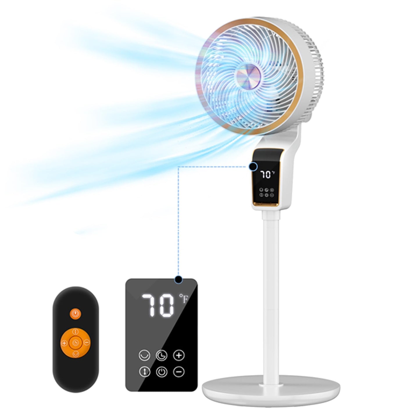 Feculs Official Standing Fan With Remote, Fans Oscillating With 12H Timer, 3 Speeds, Temperature Display, 36-50Db Floor Fans For