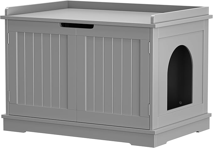Zeny Cat Litter Box Enclosure Cabinet, Hidden Litter Box Furniture, Modern Wooden Washroom Storage Bench with Divider, Fits Most, Gray