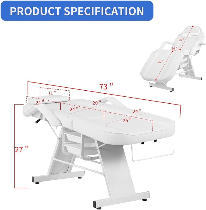 Facial Chair Tattoo Chair for Client Adjustable 3-Section Multipurpose with Hydraulic Stool for Esthetician Beauty Spa Tattoo Eyelash Equipment White