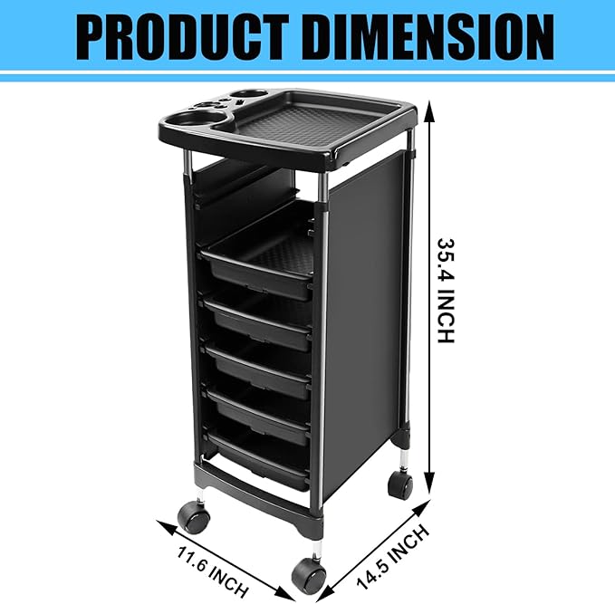 Salon Trolley Cart with Wheels & 5 Drawers, Salon Rolling Stations for Hair Stylist,Hairstylist for Beauty Tattoo Hairdressing Beauty Equipment, Black (T28-5DRAWER)